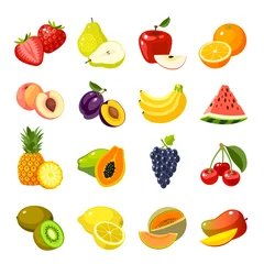 Fotobehang Set of colorful cartoon fruit icons: apple, pear, strawberry, orange, peach, plum, banana, watermelon, pineapple, papaya, grapes, cherry, kiwi, lemon, mango. Vector illustration, isolated on white. © mything