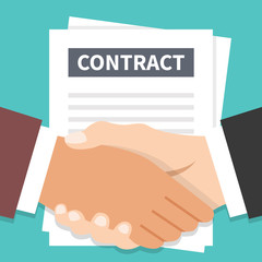 Businessmen handshake and contract flat illustration. Agreement, successful negotiation, partnership concepts. Vector illustration