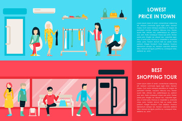 Shopping Center and Boutique Rooms flat shop interior concept web. Fashion Clothes Customers Mall Retail Purchase