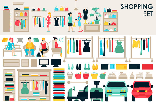 Shopping Big Collection in flat design background concept. Infographic Elements Set With Mall Staff Clothes And Furniture People Interior Fashion