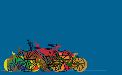 Fototapeta premium Bikes silhouette and linear colorful banner design , vibrant colorful bicycles , place for text, hand drawn stylish, concept vector illustration.