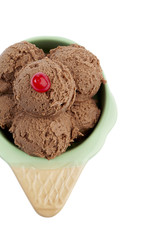 chocolate ice cream with cherry on a cone shape bowl