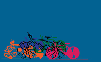 Bikes silhouette and linear colorful banner design , vibrant colorful bicycles , place for text, hand drawn stylish, concept vector illustration.