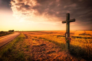 Foto auf Acrylglas Cross over the field during sunset © yar0