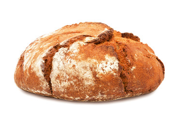 Freshly baked loaf of traditional round rye bread isolated on white background. Design element for bakery product label, catalog print, web use.