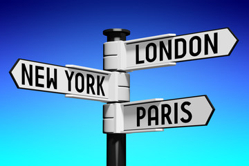 3D illustration/ 3D rendering - signpost with three arrows - capital cities