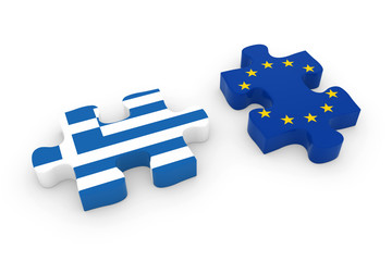 Greece and EU Puzzle Pieces - Greek and European Flag Jigsaw 3D Illustration