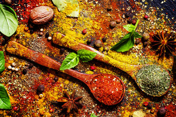 Food background, spices, dried herbs, anise, nutmeg and fresh gr
