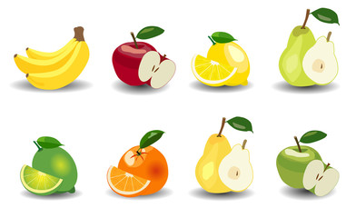 Set. Apples, bananas, pears, oranges, lemons and limes
