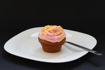 Sweet chocolate cupcake. Close up of chocolate cupcake. Muffins. Fresh delicious homemade cupcakes. Chocolate cupcakes with chocolate frosting on top with sugar sprinkles. Shallow depth of field.