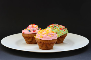 Sweet chocolate cupcake. Close up of chocolate cupcake. Muffins. Fresh delicious homemade cupcakes. Chocolate cupcakes with chocolate frosting on top with sugar sprinkles. Shallow depth of field.