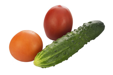 Two fresh tomatoes and cucumber isolated on white