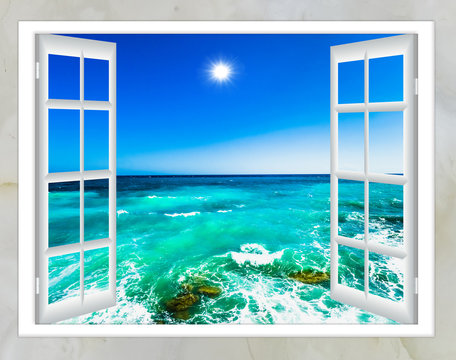 Fototapeta Widok na ocean z okna na wyspie w słoneczny letni dzień