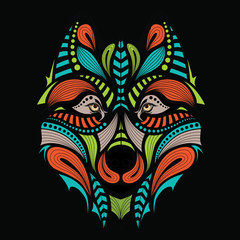 Patterned colored head of the wolf. African / indian / totem / tattoo design. It may be used for design of a t-shirt, bag, postcard and poster.