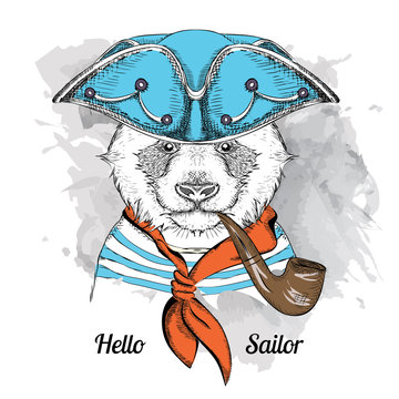 Image Portrait panda in a sailor hat and  with tobacco pipe. Vector illustration.