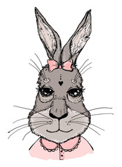 Hand-drawn vector illustration. Bunny girl with bow. Vintage