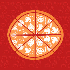 Hand-Drawn vector Illustration. Pizza on red background. Traditi