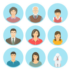 Asian family faces flat vector avatars set. Icons of three family generations, mother and father, sons and daughters, grandmother, grandfather and a dog. Family tree portraits infographic elements