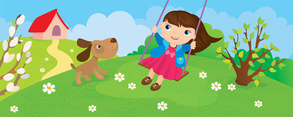 Obraz na płótnie Canvas Girl Riding On Swing In Spring