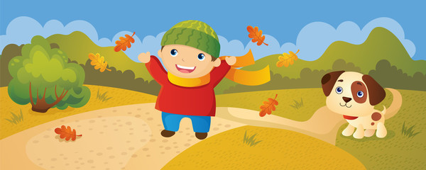 Obraz na płótnie Canvas Boy Walking In Autumn Park