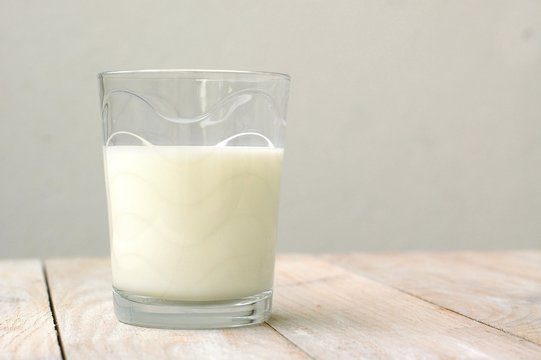 White milk in the glass on the wooden background