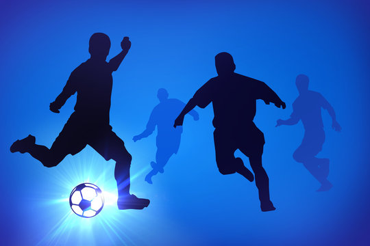 Silhouettes of footballers on the blue background