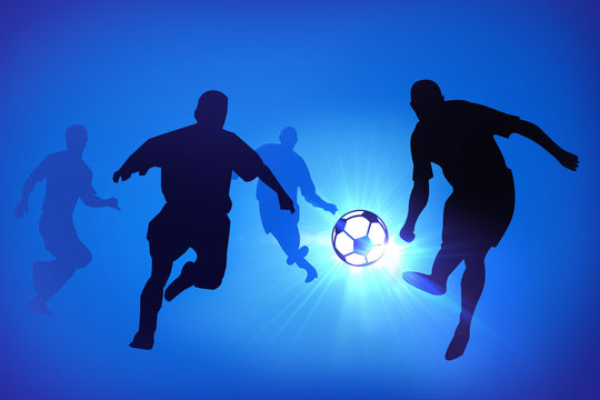 Silhouettes of footballers on the blue background
