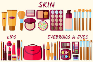 Flat icons collection. Decorative cosmetics for face, lips, skin, eyes, eyebrows and beautycase. Make up set. Vector illustration.