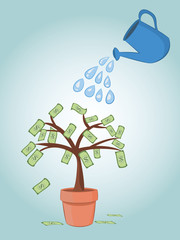 vector illustration of blue can watering  dollar banknote money tree in pot. business finance money investment concepts. eps 10