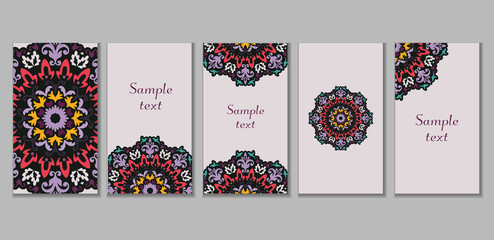 Templates set. Business cards, invitations and banners. Floral mandala pattern and ornaments.