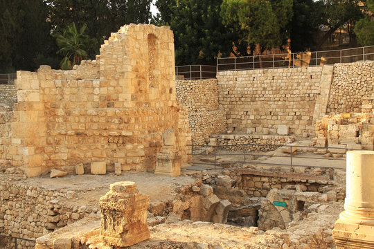 Excavated archeological ruins of the Pool of Bethesda and Byzantine Church.  Located in the Muslim Quarter in Old Jerusalem, Israel on the path of the Beth Zeta Valley.