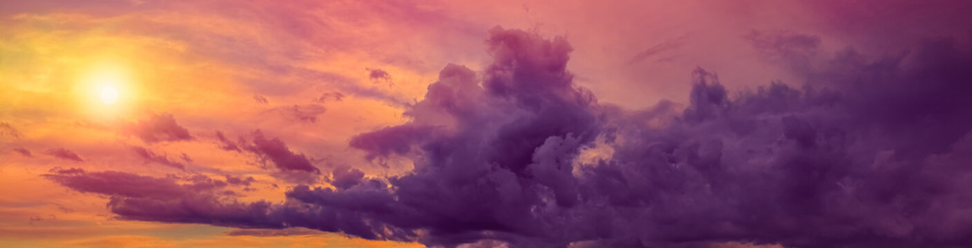 Fototapeta panoramic dramatic sunset with purple clouds