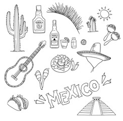 Hand-drawn vector illustration - Mexico. Mexico icons.