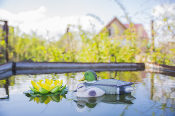 Obraz na płótnie Canvas decorative plastic ducks in the artificial garden pond pool