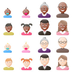 People with age groups, light and dark skin icon set