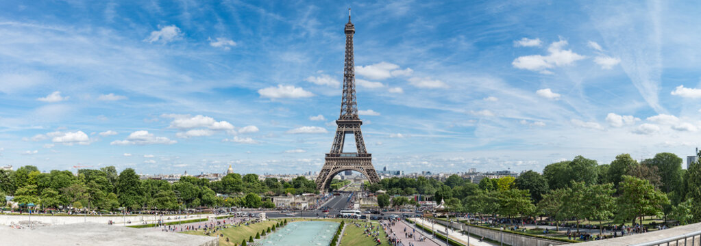 Panorama of Eiffel Tower in sunny day, Paris, France