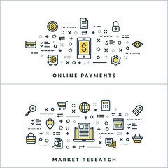 Vector Thin Line Online Payments and Market Research Concepts. Vector Illustration for Website Banner or Header. Flat Line Icons and Design Elements