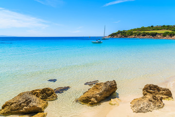 A view of idyllic Grande Sperone beach with crystal clear azure sea water, Corsica island, France