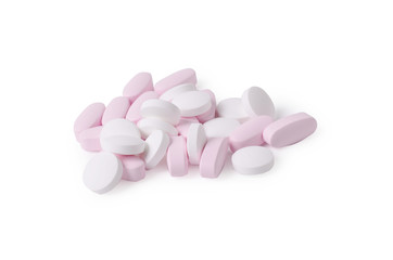 Obraz na płótnie Canvas White and pink probiotic pills or vitamins isolated on a white background