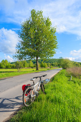 Fototapeta premium A mountain bike parked on road along along rural landscape near Krakow, Poland