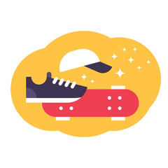 Vector illustration of skateboarding. Flat skateboard illustration. Sneakers, cap, skateboard