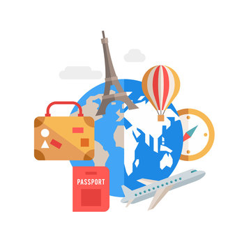 Travel Concept. Flat Style Vector Illustration. Globe with Travel Flat Icons and Design Elements