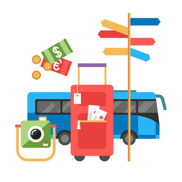 Tourist luggage at the bus. Money, camera and road sign. Flat style vector illustration