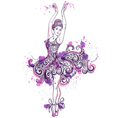 Ballerina with floral ornament dress and splashes in watercolor style. Vintage hand drawn vector illustration