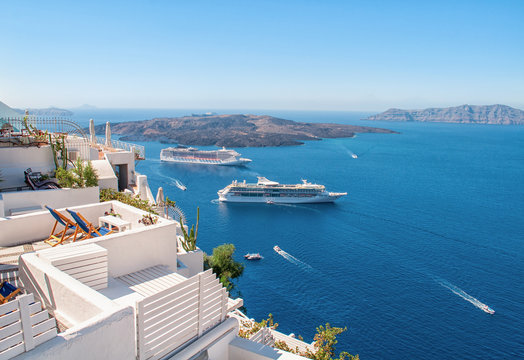 White architecture on Santorini island, Greece, Europe. Beautiful view on the sea. Summer concept.