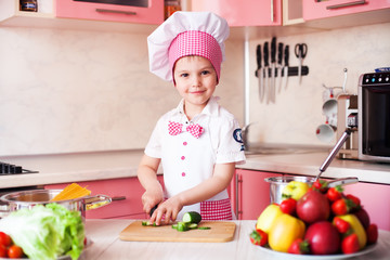 portrait of little boy in the hat of the chef and an apron. Little chef cooks in the...