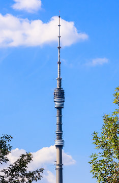 Ostankino TV tower on blue sky background, Moscow