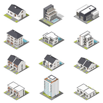 Different houses isometric icon set