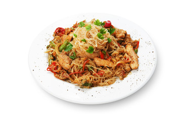 Rice noodles with shrimps and vegetables close-up on the table. top view of a horizontal
