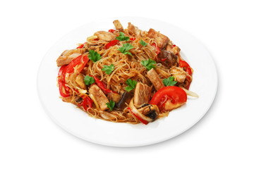 Rice noodles with shrimps and vegetables close-up on the table. top view of a horizontal